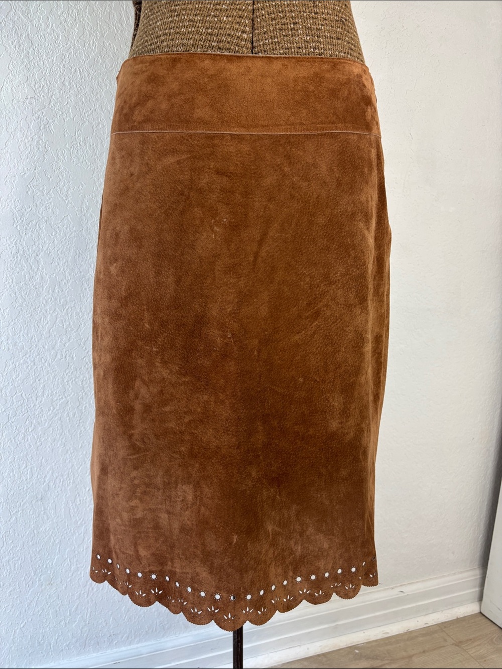 Karen Kane Chestnut Brown Suede A-Line Skirt with Scalloped Hem